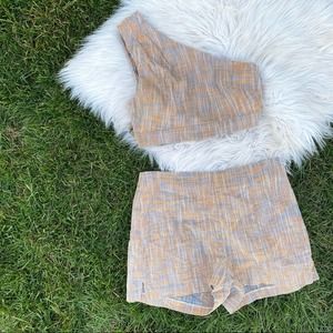 BCBGeneration Basket Weave High Waist Shorts one shoulder top romper set
